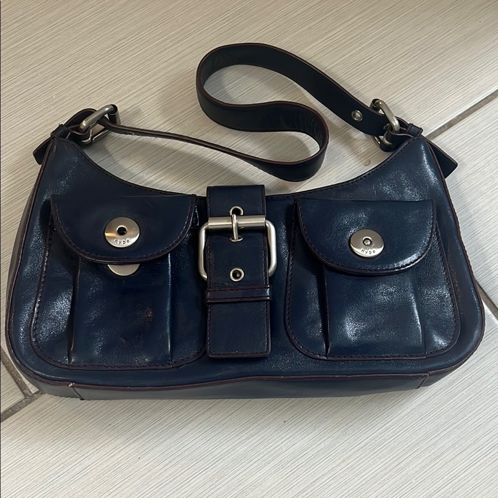 Deep Navy Blue Shoulder Bag with Adjustable Strap and Decorative Buckle
